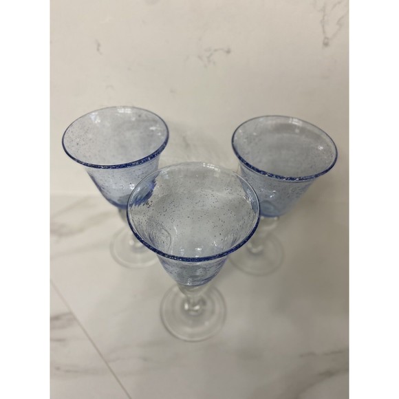 3 Artland Iris Light Blue Hand Blown Bubble Glass Bulbous Clear Stem Goblets - Picture 5 of 15